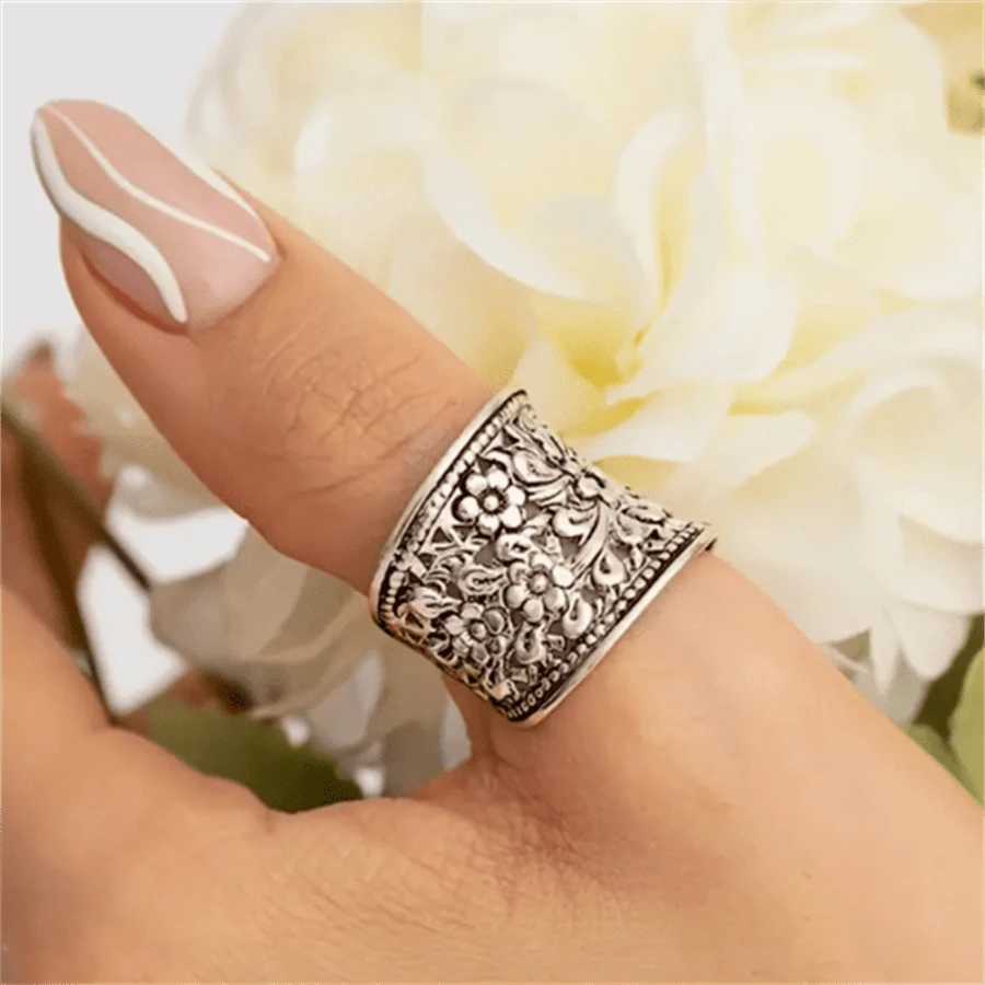 1枚波西米亚复古雕花花卉图案可调节开口戒指，适合女性，个性化派对珠宝礼物 - 復古銀色 - 查看 1