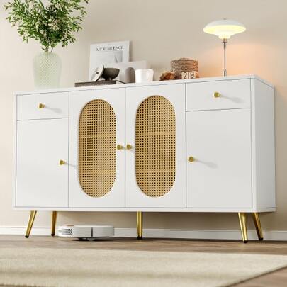 Chest Of Drawers, Dining Room Cabinet; Comes With 2 Drawers And 4 Doors; Height-Adjustable Shelves For Use In The Living Room And Kitchen; White And Natural Colors, Dimensions: W140 X D35 X H82 Cm