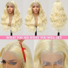 巴西原生发高清蕾丝前假发 13X4 波浪卷蕾丝前假发 真人混纺发丝 预先拔毛 带婴儿绒毛 #613 金色假发 200% 密度 女士款 26英寸 - S613 - 查看 3