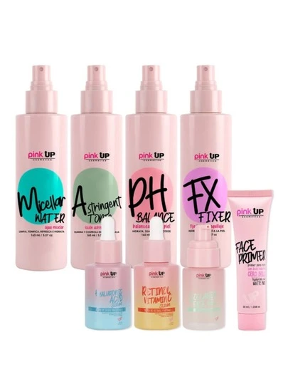 Kit Skin Care Full Pink Up Agua Micelar, Tónico Astringente, Balance de pH, Primer Facial, Fijador, Ácido Hialurónico, Retinol + Vitamina C, Colágeno Facial, Contorno de Ojos, Bye Bye Pores Cuidado Completo para una Piel Radiante y Juvenil Cuidado facial Makeup Kit de Cuidado de la Piel Skincare Rutina Facial