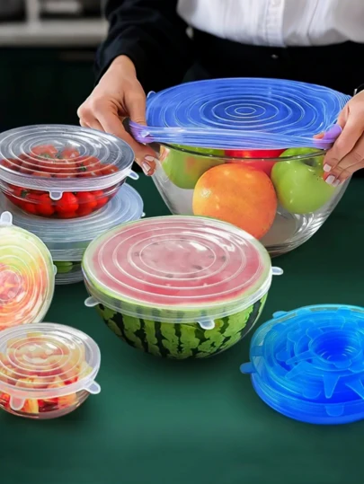 6 Pcs Reusable Silicone Lids, Suitable For Bowls, Plates, Pots And Frying Pans - Multi-Size Food Storage Lids, Dishwasher & Fridge , Durable, Universal Fit For Most Containers