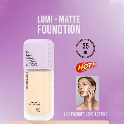 Maybelline LUMI-MATTE Foundation #N10 Ivory 35ml/10ml, 54% Lighter Than Regular Foundation, Lightweight And Long-Lasting Formula, Revolutionary 3D Film-Forming Technology Creates A Lightweight Mesh-Like Effect (Waterproof And Sweat-Resistant), Delivers A Natural, Non-Mask-Like Pearlescent And Cool-Toned Glow, Nourishes Skin After Removal, Effectively Covers Imperfections, Suitable For Neutral-To-Fair Skin Tones, Easy 3-Step Application For An All-Day Flawless Look, Ideal For Everyday Makeup, Skin-Friendly Formula.