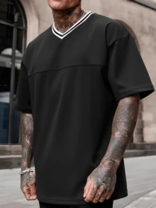 FRACTYR Men's Summer Fashion Minimalist V-Neck Short Sleeve T-Shirt | All-Match Street Casual Tee, Boyfriend/Husband Gift - Black - View 1