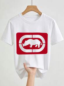Ecko Unltd Red Rhino Logo White T-Shirt, Bold Graphic Casual Urban Retro Street Wear Tee For Men, Casual Daily Wear, Retro Street Style, Summer Hangout, Daily Errands. - 白色5 - 查看 3