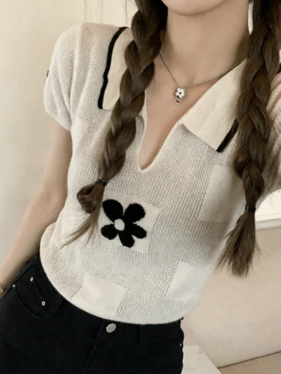 Y2K风格镂空短袖Polo领针织衫，轻薄宽松度假风露脐上衣，女士夏季