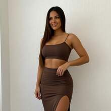 Long Skirt And Cropped Strappy Top Set With Slit For New Year's Eve Party - Rỉ Nâu - Xem 2