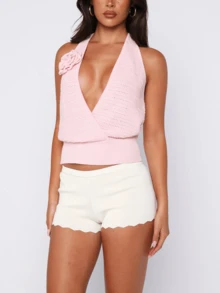 Womens Knit Halter Crop Top Sleeveless Deep V 3D Flower Applique Slim Fit Backless Tie Up Vest Summer Vacation Going Out Top - Pink - View 3