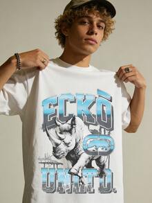 Ecko Unltd Blue Gray Rhino White T-Shirt, Graffiti Style Retro Urban Street Wear Casual Tee For Men, Casual Art Event, Retro Street Style, Summer Brunch, Daily Errands. - 白色3 - 查看 1