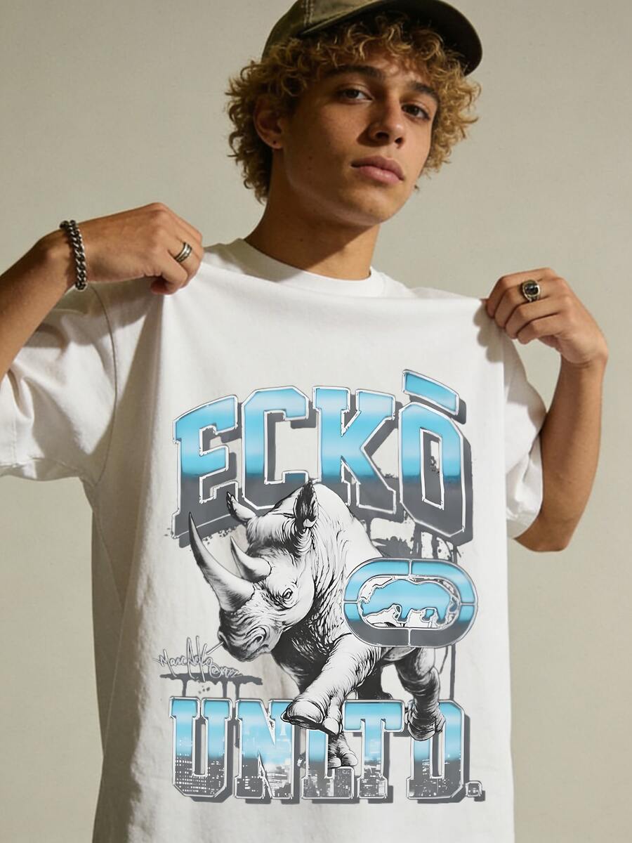 Ecko Unltd Blue Gray Rhino White T-Shirt, Graffiti Style Retro Urban Street Wear Casual Tee For Men, Casual Art Event, Retro Street Style, Summer Brunch, Daily Errands. - 白色3 - 查看 1