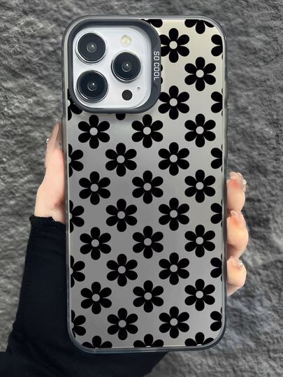 1 pieza Funda de teléfono a prueba de golpes con cobertura total de TPU con patrón geométrico de margarita divertido de color contrastante negro y gris, compatible con Apple 17, 16, 15, 14, 13, 12, 11 Pro Max y Series