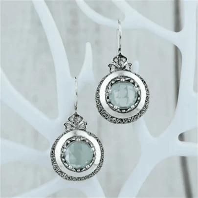 1 par de pendientes vintage con colgante geométrico redondo texturizado e incrustado con gemas sintéticas, pendientes de moda personalizados para mujer, regalo para fiesta