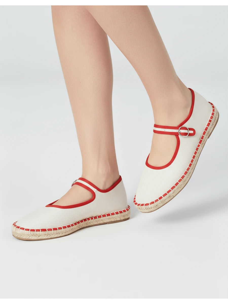 Women's Canvas Mary Jane Flat Espadrilles With Braided Jute Sole, Adjustable Design With Metal Buckle, Ideal For Summer, Choose A Larger Size - 紅色 - 查看 1