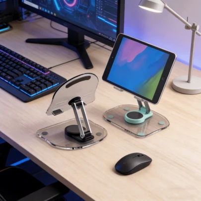 1个可折叠亚克力平板支架，便携，360°旋转，可找到您喜欢的角度，设计简约时尚，适用于平板电脑和智能手机。