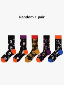 1/2/3双装随机万圣节元素南瓜、幽灵、骷髅印花男女通用中筒袜，适合万圣节主题派对、街头游行、角色扮演服装 - 彩色 - 查看 11
