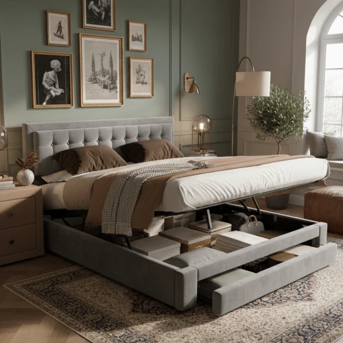 Bett Mit Kasten Und Schubladen, Samtstoff, Polsterbett, Lattenrost, Doppelbett, Large Stauraum, 160 X 200, Grau