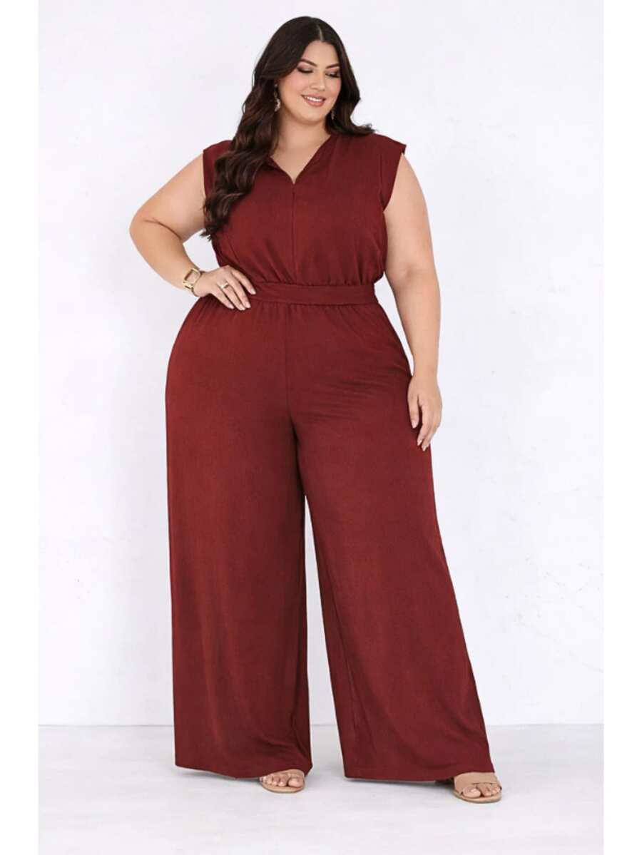 Women's Slim Plus Size Jumpsuit With Waist Tie, Wide Leg, Elegant, Evangelical Fashion - 酒紅色 - 查看 1