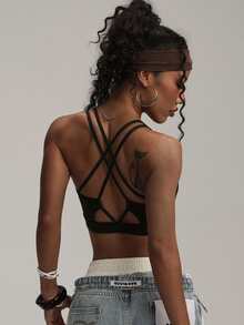 Women's Black Wireless Criss-Cross Knit Sports Bra - Black - View 4