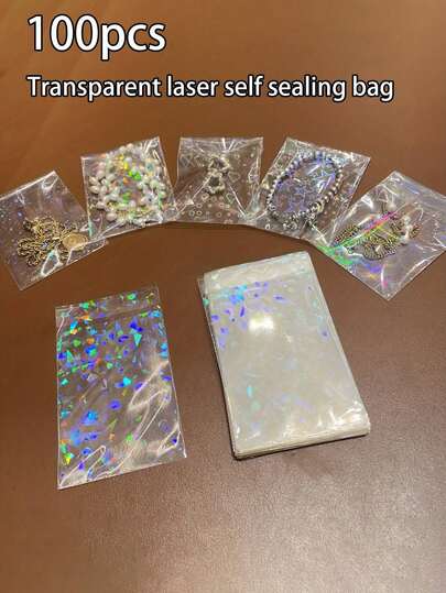 50/100pcs Transparent Gradient Holographic Jewelry Bags, Rainbow Ombre Color Accessories Storage OPP Bags, Ring Earring Necklace Packing Bags, Jewelry Anti-Dust Anti-Oxidation Protective Bags, Card Sleeves, Photo Protective Sleeves