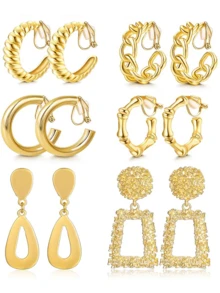 Yanxyad 1/6对女士夹式耳环，夸张几何造型耳环，闪亮水滴形耳环，无需耳洞 - 金色 - 查看 7