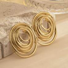 1 Pair Minimalist Vintage Exaggerated Oval Spiral Design Stainless Steel Stud Earrings, Perfect For Women's Daily Wear, Party Outfits And Holiday Gifts - Gold - View 3