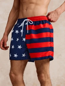 Men's US Flag Print Drawstring Waist Shorts - Red - View 3