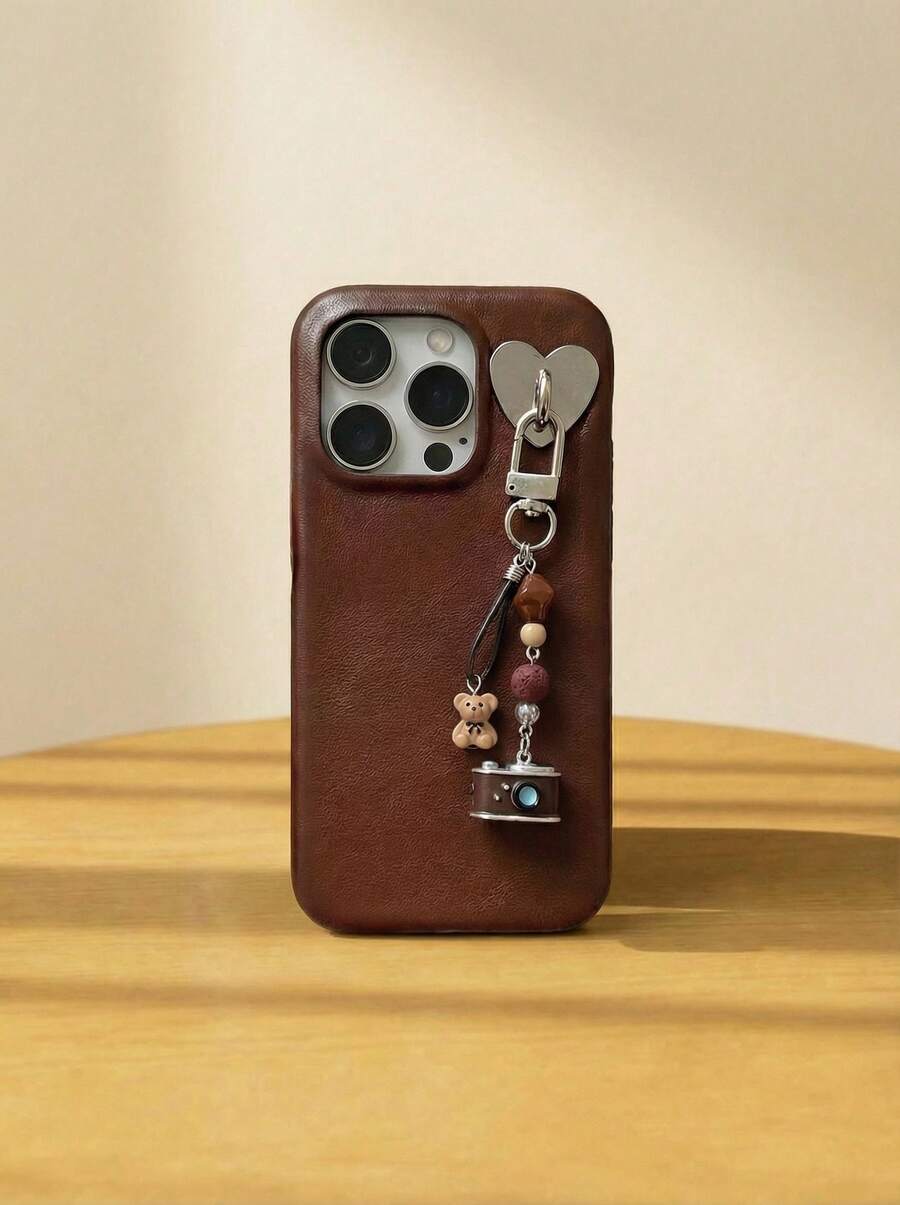 Joivida 1 件卡通熊相机带手链荔枝纹皮革手机壳适用于 17 16 15 14 13 12 11 Pro Max Plus 软后盖 - 棕色 - 查看 1