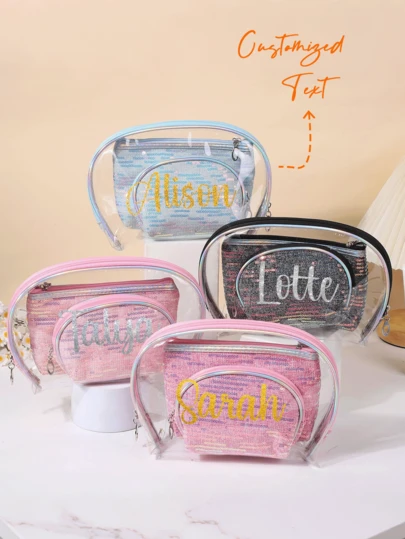 Personalized Name Makeup Bag Custom Glitter Sequin Cosmetic Pouch Transparent PVC Travel Toiletry Bag Customizable Text Cosmetic Bag Glitter Sequin Transparent Makeup Pouch Personalized Gift Personalized Name Transparent Makeup Bag Glitter Sequin Zipper Pouch For Travel Daily Use