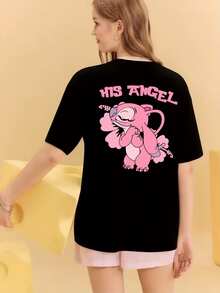 A Disney Fashion-Style Matching Couple's T-Shirt, Featuring Designs From *Lilo & Stitch* And *Angel*, With A Unique And Niche Cartoon Print Design.  This Casual Summer T-Shirt Is Suitable For Both Men And Women, Features A Round Neck, Slightly Stretchy Fabric, And Heat-Press Printing Details – A Perfect Valentine's Day Gift. - 女士-黑色 - 查看 2