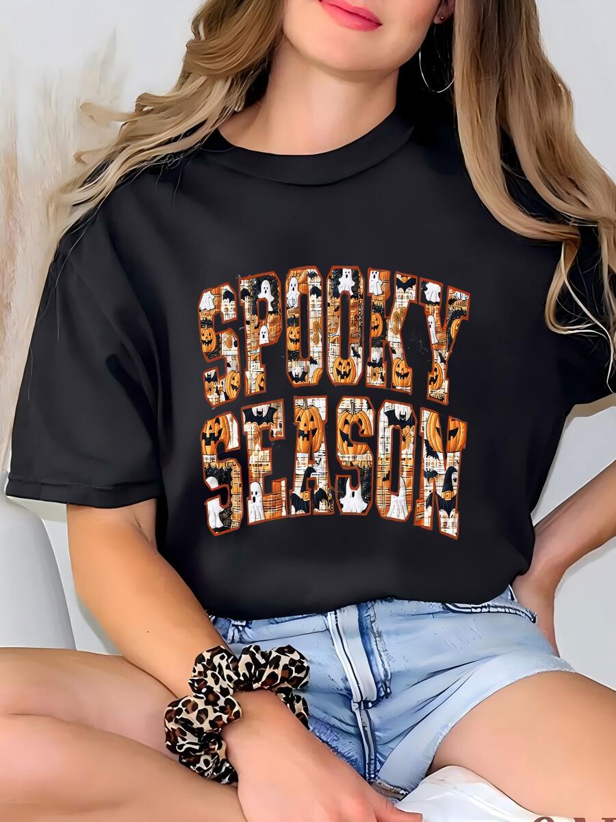 Camiseta De Temporada Espeluznante, Camisa De Halloween 2025, Camiseta De Calabaza De Halloween, Floral De Halloween, Floral De Fantasma, Camiseta De Caída, Fantasma De Halloween, Autmn Camiseta - Negro - Ver 1