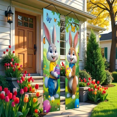 1 Pair Easter Bunny Porch Banner, Polyester Decorative Door Hanging, Multipurpose For Garden & Patio Decor, Porch Decor, Photo Prop, Easter Party Decor, Easy Hanging Design