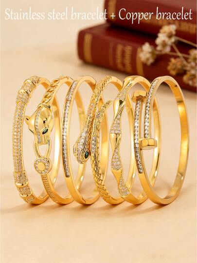 6/1pc - European And American Style Exquisite Bracelet Combination, Copper Bracelet+Stainless Steel Bracelet, Full Zirconia Inlay+Animal Elements, Niche Design Without Collision