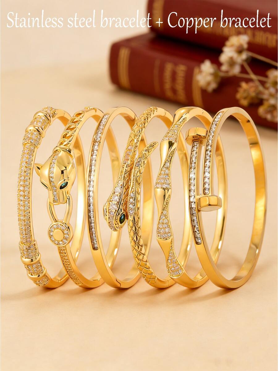 6/1件 - 欧美风格精致手链组合，铜手链+不锈钢手链，全锆石镶嵌+动物元素，小众设计，不冲突 - 金色 - 查看 1