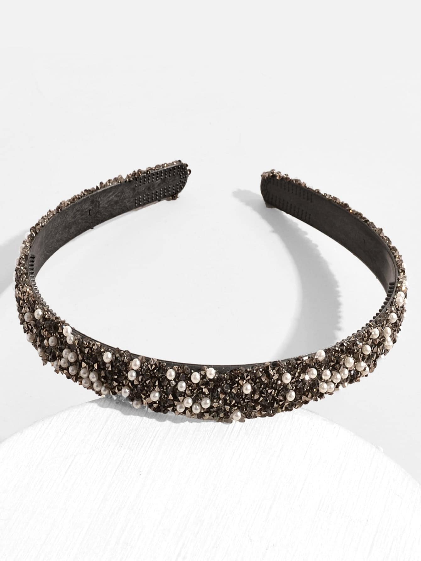 Crystal Rhinestone Faux Pearl Headband, Suitable For Daily Wear Hairband Hair Hoop - Dark Grey - View 1