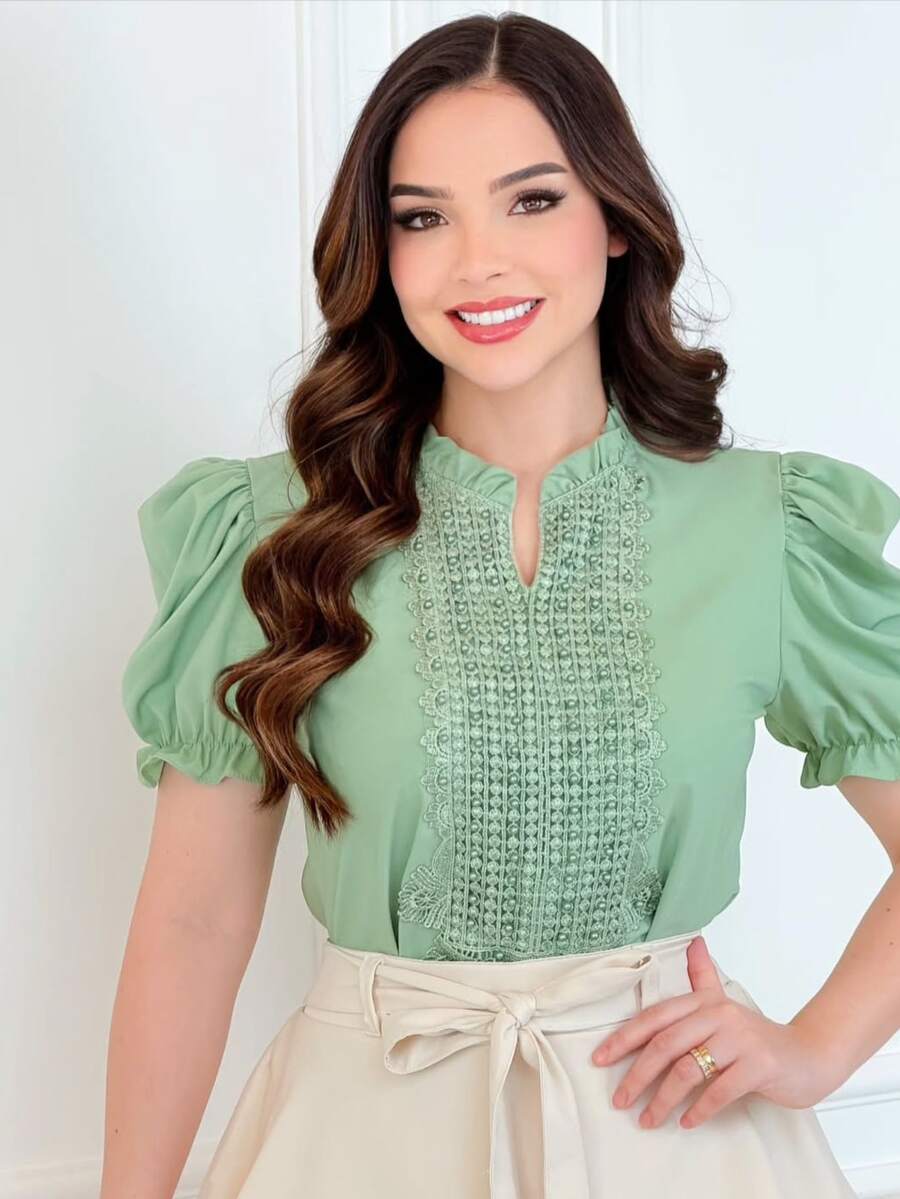 Women's Formal Blouse, Evangelical Fashion, With Elegant Rhinestones - 綠色 - 查看 1