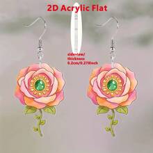 2D Acrylic Rose Earrings – Pink Floral With Green Gem, Sweet Gifts For Women - Multicolor - View 4