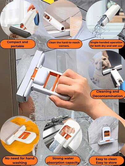 单手迷你拖把，带挤压手柄和折叠机构 - 小巧轻便，节省空间，适合单手清洁地板和桌面，无需手洗，干湿两用，拖把头可重复使用 - 非常适合小空间、公寓、家庭和办公室 - 黑白两色可选，手持拖把，厨房手持拖把