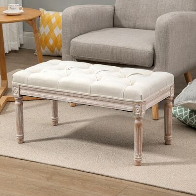 Upholstered Bench With Linen Texture, Padded Seat, Wooden Stool Legs, And Wooden Ottoman, For Living Room Or Bedroom, Off-White