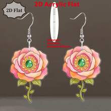 2D Acrylic Rose Earrings – Pink Floral With Green Gem, Sweet Gifts For Women - Multicolor - View 6