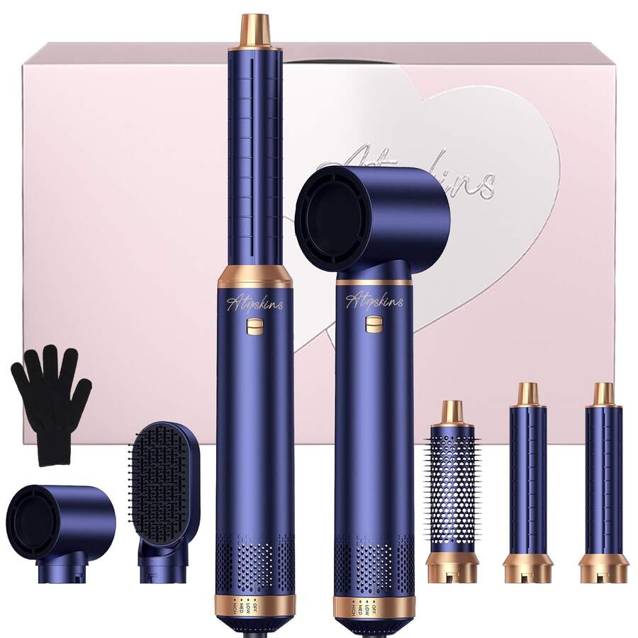 ATOPSKINS 2026 Upgraded 5-In-1 Professional Hair Dryer Styling Set | 3 Heat Settings + 5 Detachable Styling Heads | Auto Curling | Curl/Wave/Straight/Smooth/Volume/Inward/Outward Curl | Suitable For Christmas, Valentine's Day, Carnival, St. Patrick's Day Gifts | Rose Gold/Black Gold/Blue Gold | Suitable For Home Styling, Commuting Touch-Up, Date Party, Travel Essential