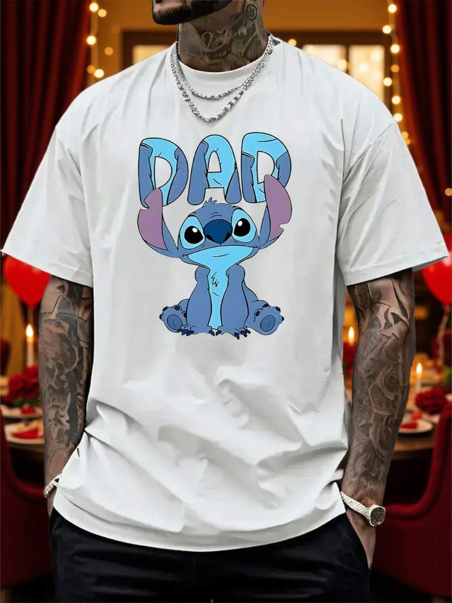 Disney, Stitch Pattern Sweatshirt For Men, Regular Fit, Machine Washable, Suitable For Autumn And Winter Casual Wear, Cartoon Character Design, Comfortable Fabric, Detailed Description, Easy Care, And Also A Great Gift Choice. - 白色 - 查看 1