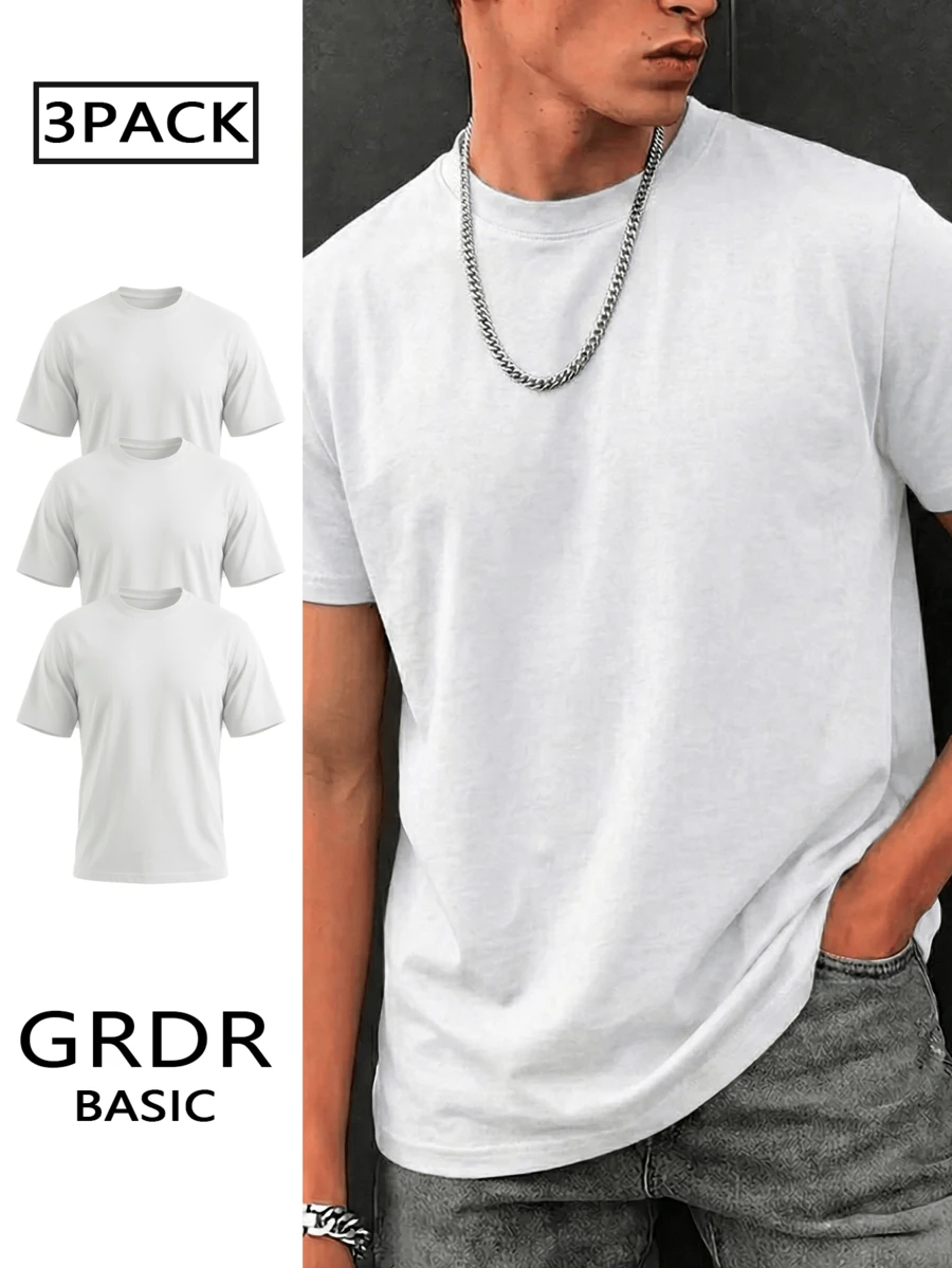 GRDR 3pcs/Set Men's Summer Casual Street Basic Solid Color Crew Neck Short Sleeve T-Shirts - White - View 1