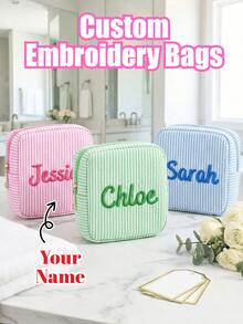 Custom Name Monogram Cosmetic Bag, Monogram Embroidered Makeup Bag, Customized Toiletry Bags,Personalized Bridesmaid Makeup Bag, Seersucker Cosmetic Bag For Girl, Large Capacity Cosmetic Bag, Makeup Organizer, Monogrammed Toiletry Bag - Multicolor - View 1