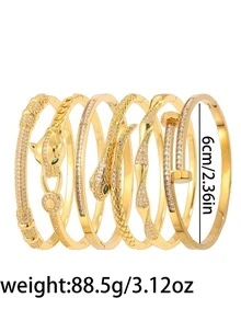 6/1pc - Personalized And Stylish Atmosphere Gold-Plated Bracelet Combination, Copper Texture Style+Stainless Steel Zirconia Inlaid Style, Shining White, Suitable For Various Dressing Scenes - Gold - View 2