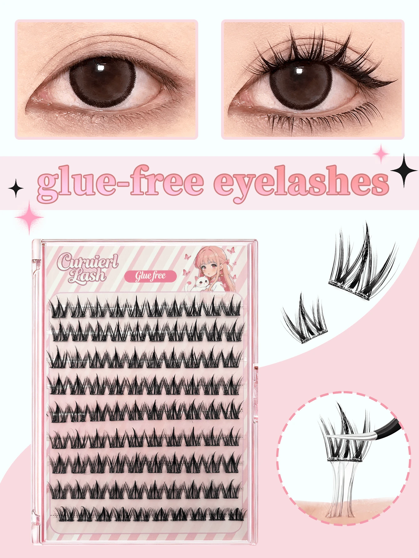 90pcs Self-Adhesive Fluffy False Eyelash Clusters, No Glue Needed, Fluffy Individual Lashes, Self-Adhesive DIY Eyelash Extension, Pre-Glued Cluster Lashes, Natural Lengthening C-Curl Lash Clusters, No Glue Or Makeup Remover Required, False Eyelashes