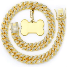 2 piezas Conjunto de collares de estilo hip hop para mascotas, colgante de hueso de acero inoxidable con diamante de imitación, collar de lujo ajustable para mascotas - Multicolor - Ver 7