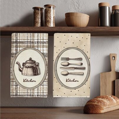 2 piezas Paños de cocina con patrón de utensilios de cocina vintage, material de poliéster suave, adecuado para decoración de cocina, limpieza de cocina, decoración de fiesta festiva, artículos esenciales de cocina y baño, decoración del hogar, regalo de inauguración de la casa