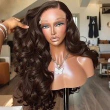 5x5 13*4 13*6 #4 长款水波纹高清蕾丝前假发，10-34 英寸蕾丝前假发，真人发丝发际线，预先拔毛，无胶假发，自然混发波浪假发，女士款 - 棕色 - 查看 5