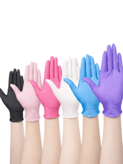 100只一次性手套，超耐用，蓝/粉/黑/白/紫五种颜色可选，丁腈乳胶材质，适用于厨房、纹身、染发、宠物护理、美发沙龙和家庭清洁，袋装包装，防止运输过程中损坏