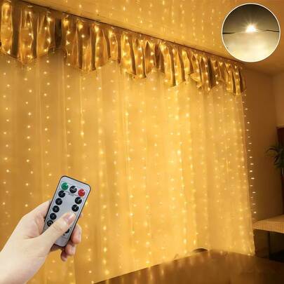 生日派对装饰串灯，室内外装饰，1套露营装饰灯，庭院装饰，节日照明装饰串灯，花园装饰灯，4种灯光颜色，卧室窗帘灯，情人节装饰，遥控8种模式窗帘灯，婚礼派对装饰灯，晚宴聚会装饰灯，节日花环仙女灯，浪漫氛围房间装饰灯，圣诞节和万圣节彩色灯
