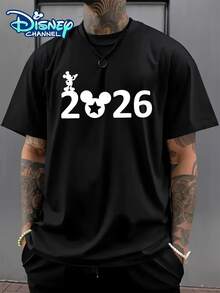 Disney, 2026 New Year Mickey Mouse Print Men's Fashion T-Shirt, Summer Sports And Casual Versatile Short-Sleeved Shirt, Simple Pullover Crew Neck Short-Sleeved Men's T-Shirt, Suitable For Casual Wear And Daily Activities, Perfect For Gifting. - 黑色 - 查看 3